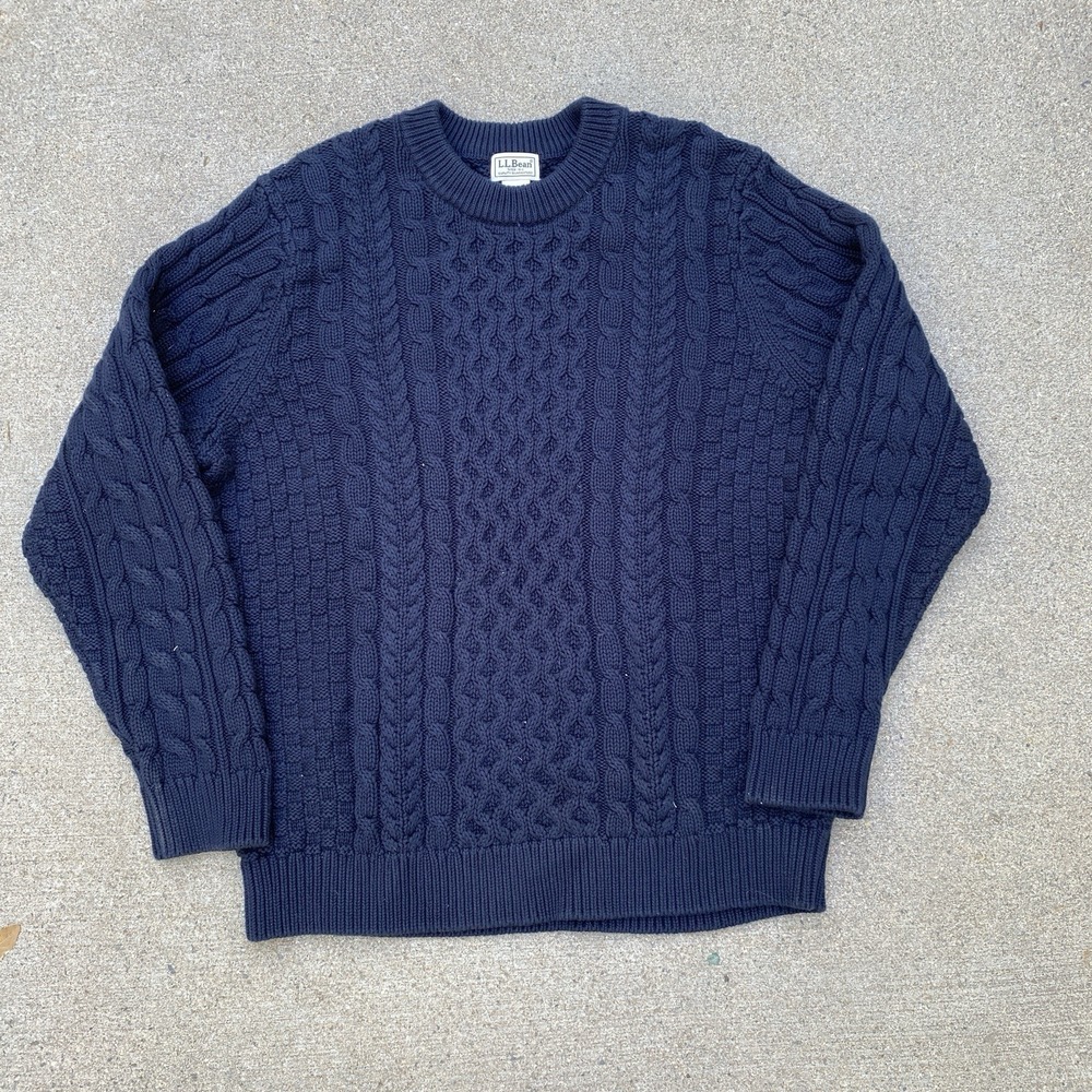 LL Bean Fisherman Sweater Navy Blue Cable Knit Men's XL  Aran Style